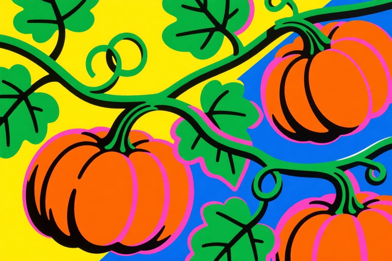Autumn pumpkin vine with orange gourds