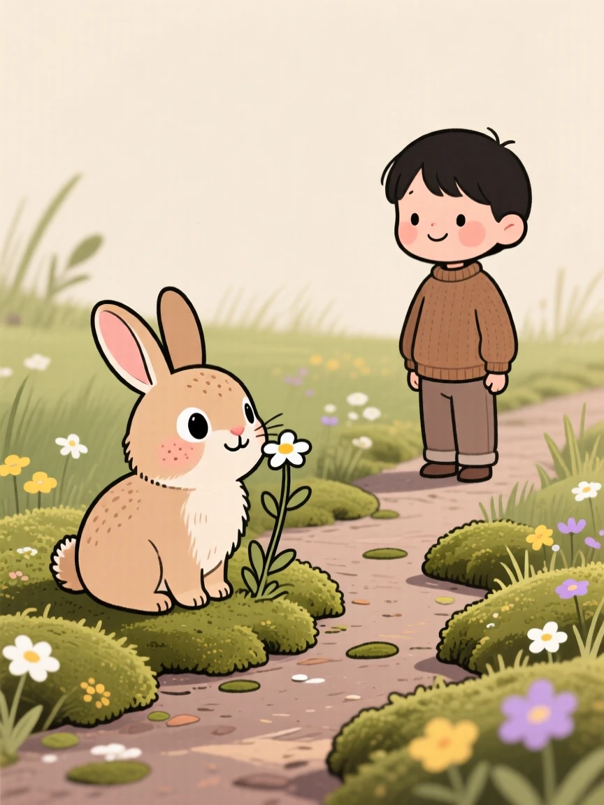 A tiny bunny sniffing a wildflower in a mossy garden path, pausing to look up with curious, gentle eyes as a child watches from afar.