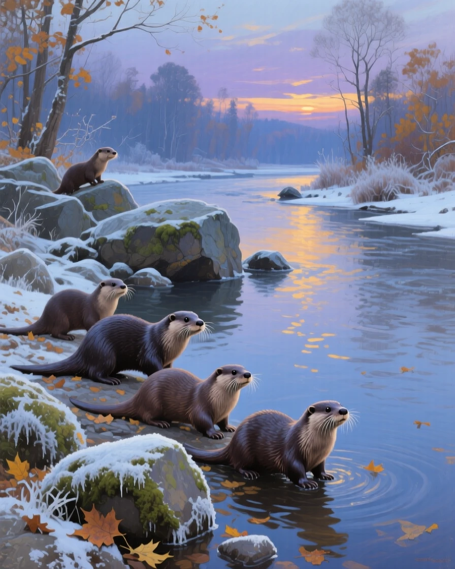 A panoramic view of a family of otters playing along a rocky riverbank, at twilight, during the first frost of autumn.