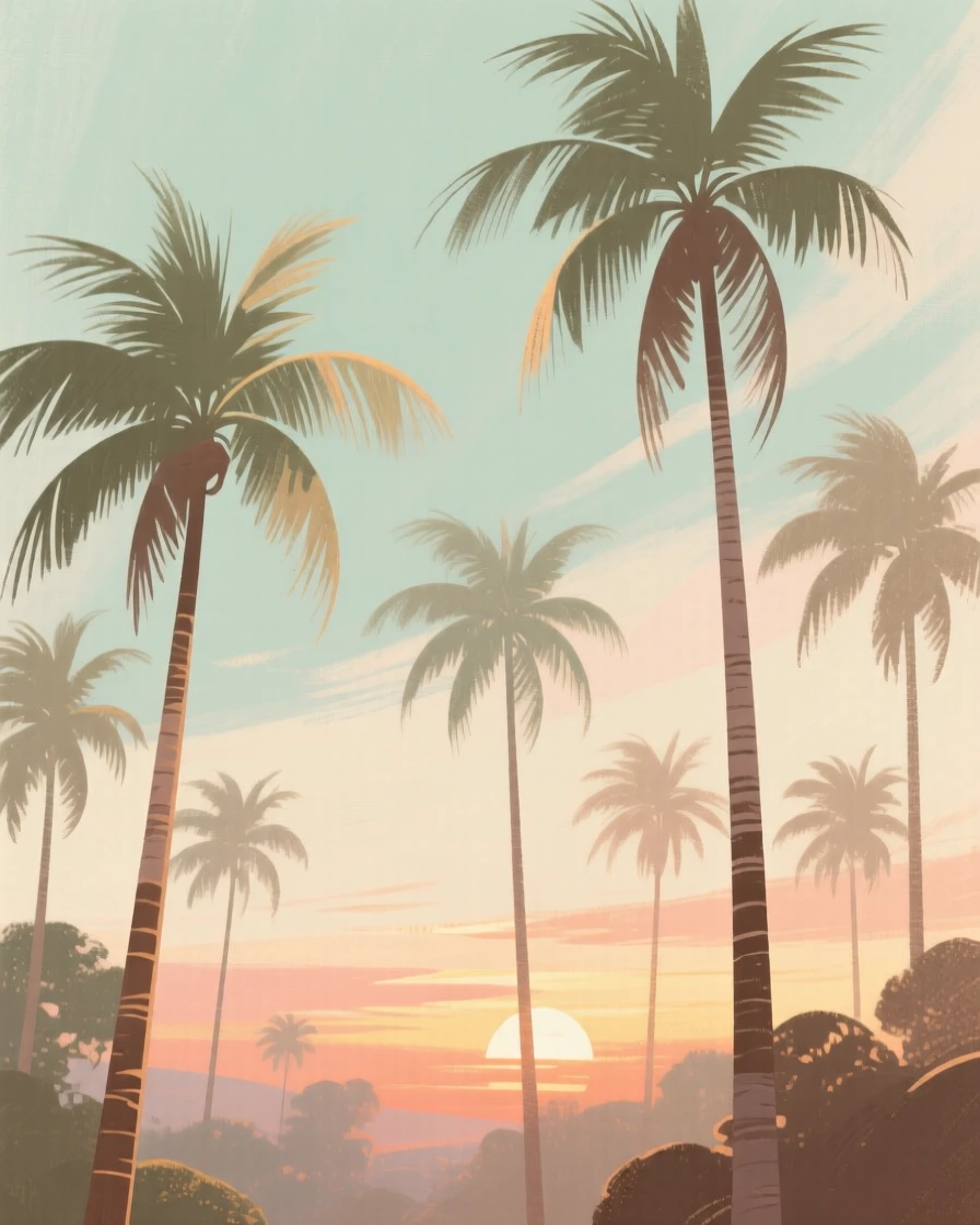 A grove of palm trees swaying against a tropical sunset sky