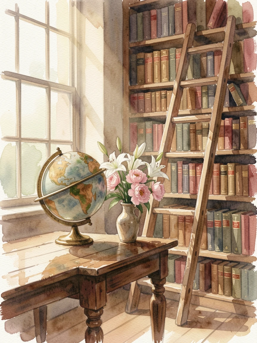 A library with a rolling ladder and antique globe with a vase of fresh flowers on the table.