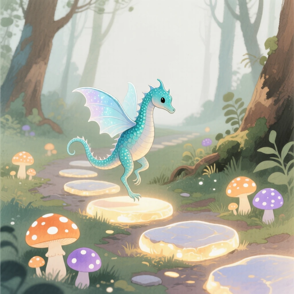 A tiny sea dragon skips across stepping stones of light in a hidden forest glade, with glowing mushrooms lighting the path