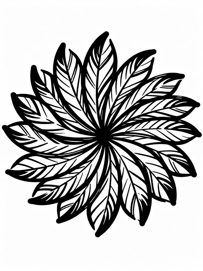 A geometric arrangement of feathers in gradient colors fanned out in a circle.