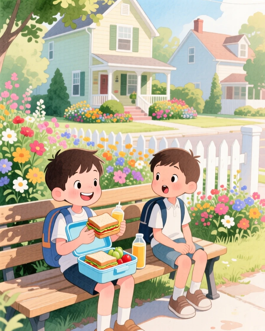 A little boy sharing his lunch with a new student sitting alone at recess, in a peaceful neighborhood full of blooming gardens, radiating kindness, hope, and heartfelt emotion.