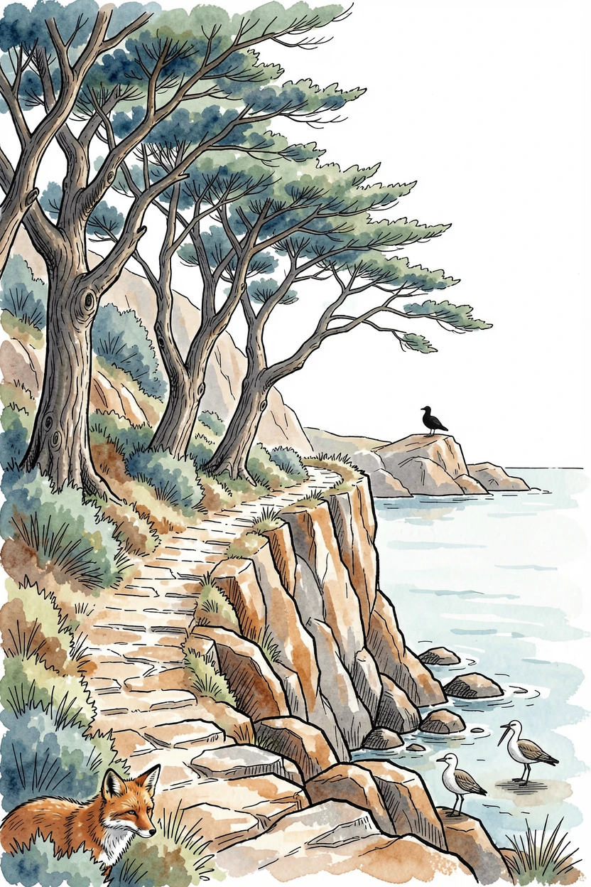 A rugged coastal trail winding along wind-bent cypress trees, wildlife moving quietly at the edges of the scene.