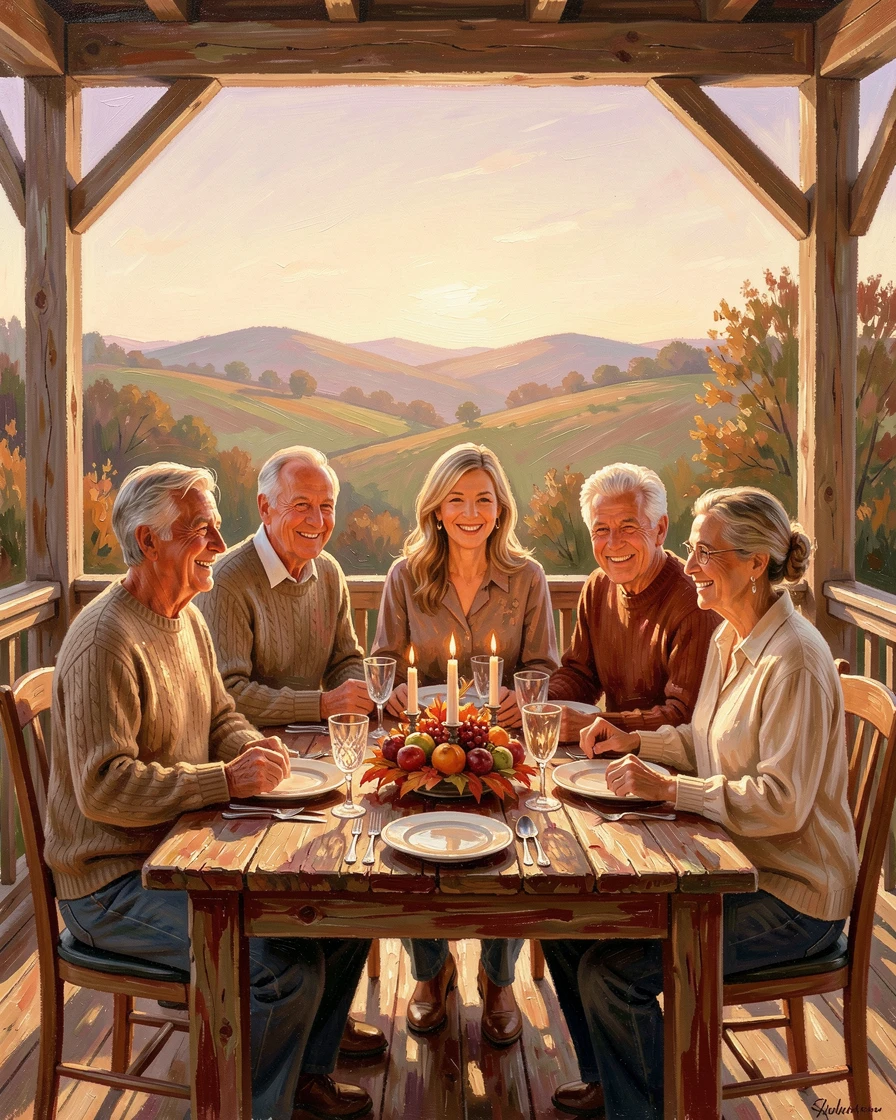 A family gathered around a table for a holiday meal, everyone gathered closely together, smiling warmly, on a porch overlooking rolling countryside, at golden hour, light glowing softly around them.