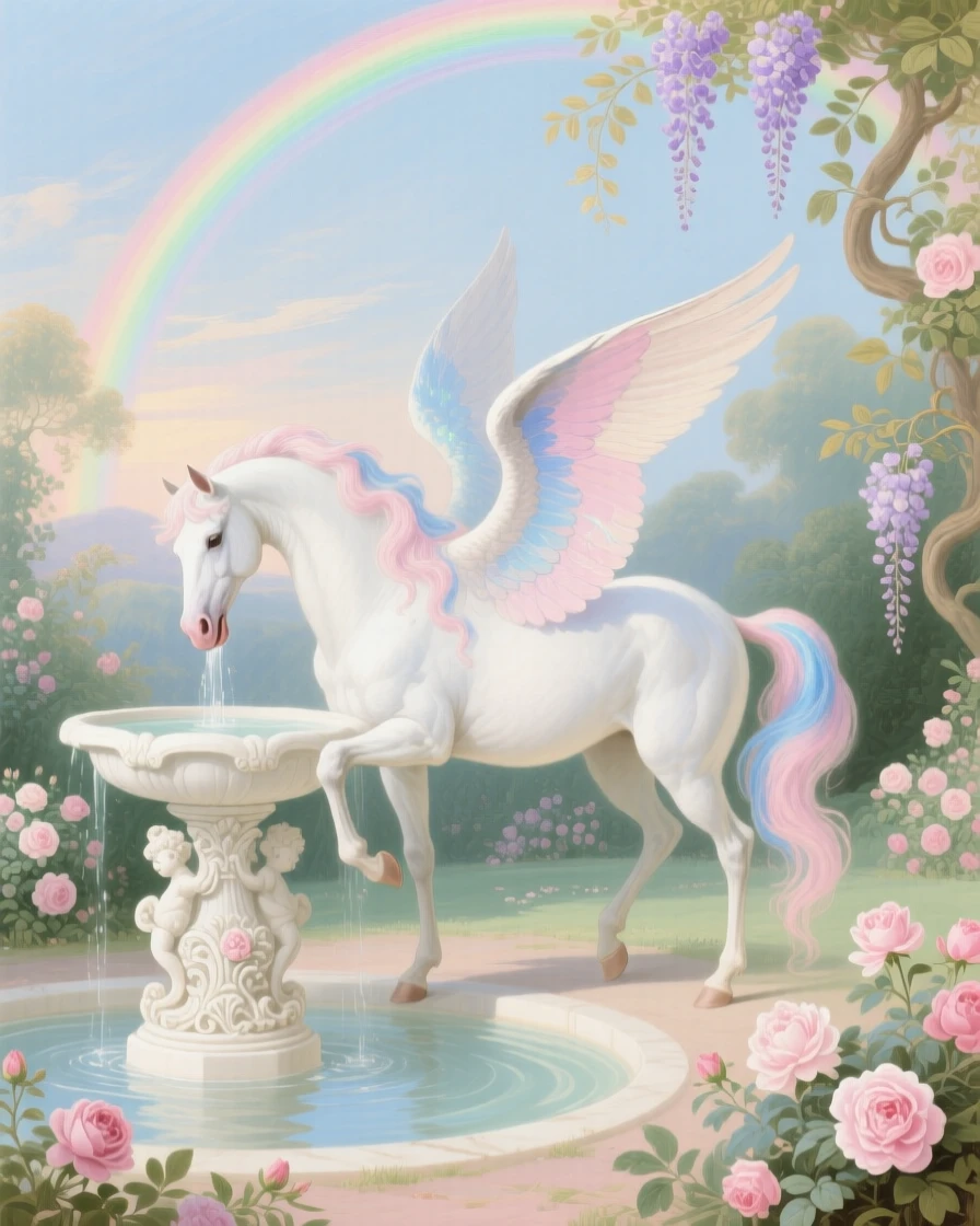 A winged horse drinking from a marble fountain beneath a rainbow  
