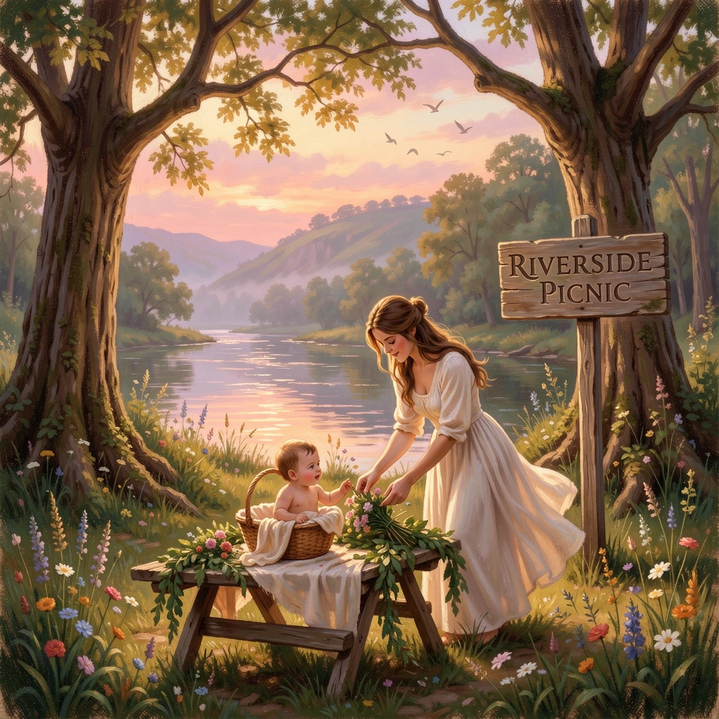A mother and her baby decorates their home for a riverside picnic spot on a warm summer evening.