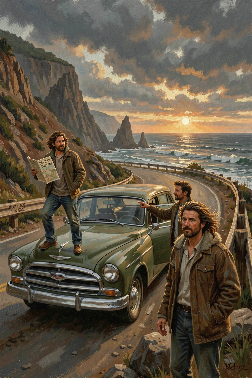A group of friends road-tripping along a dramatic coastal highway, as the thrill of discovery radiates through the entire composition, offering a vivid, awe-inspiring window into a far-off adventure