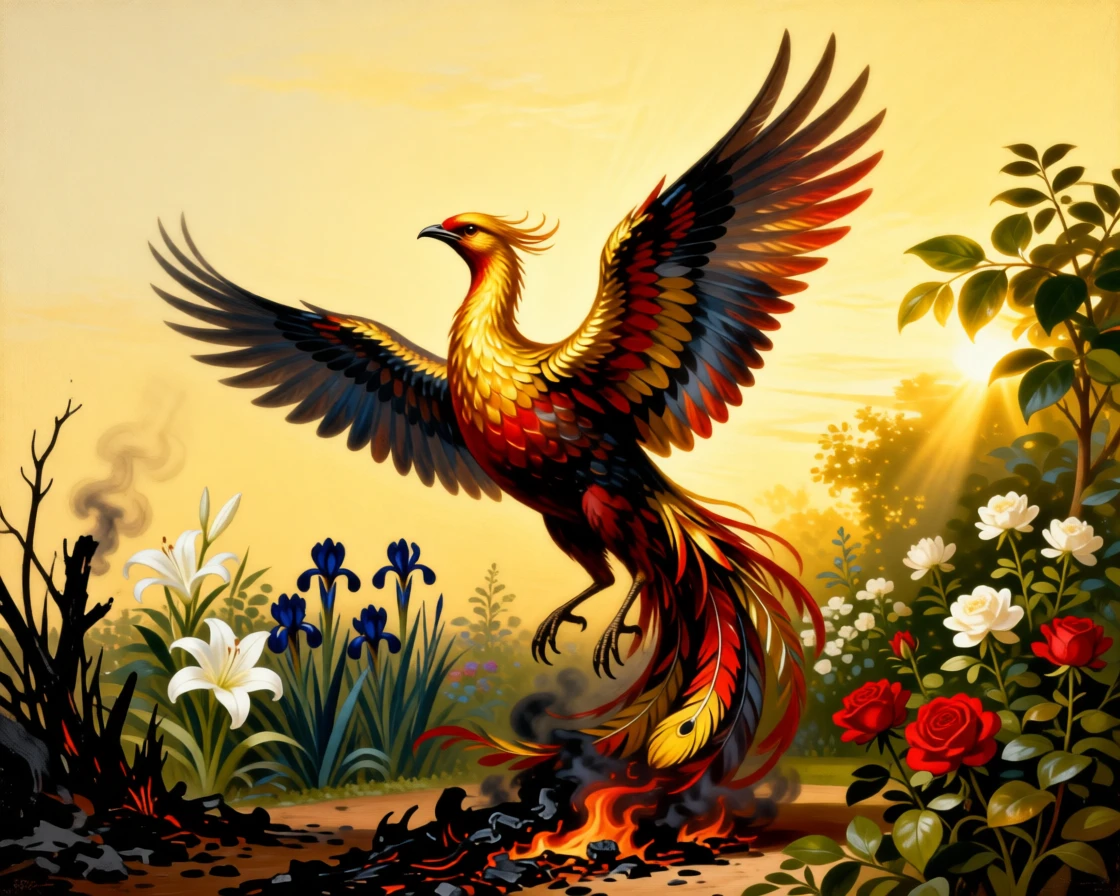 A phoenix rising from smoldering embers toward a golden sky at the threshold between the mortal and the eternal, set within a garden where every bloom carries hidden meaning, with contrasting elements of darkness and radiance framing the scene; the composition balances opposing symbolic elements on either side of the central figure, radiating timeless wisdom and moral clarity.