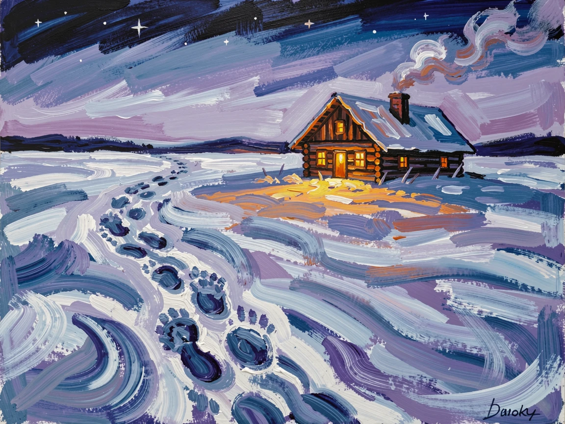 A trail of footprints crossing an untouched snowy field toward a distant glowing cabin.