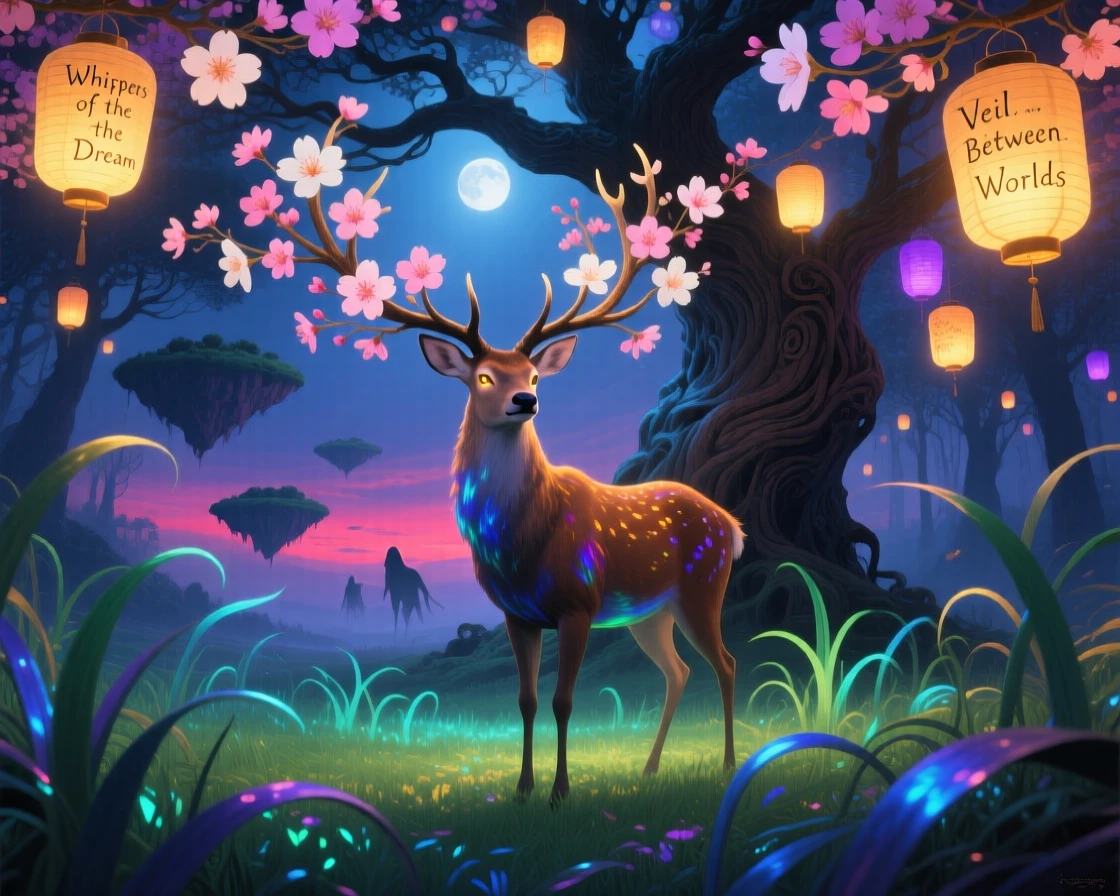 A stag with branches of blooming cherry blossoms for antlers pauses beneath a tree hung with glowing lanterns, as the surrounding grass bends toward it in reverence.