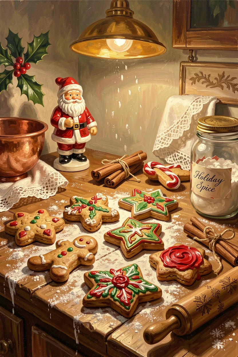 A festive Christmas baking scene shows a kitchen counter covered in cookies, powdered sugar, and colorful icing under warm lamplight, small traditional details in costume and decoration rewarding a closer look.