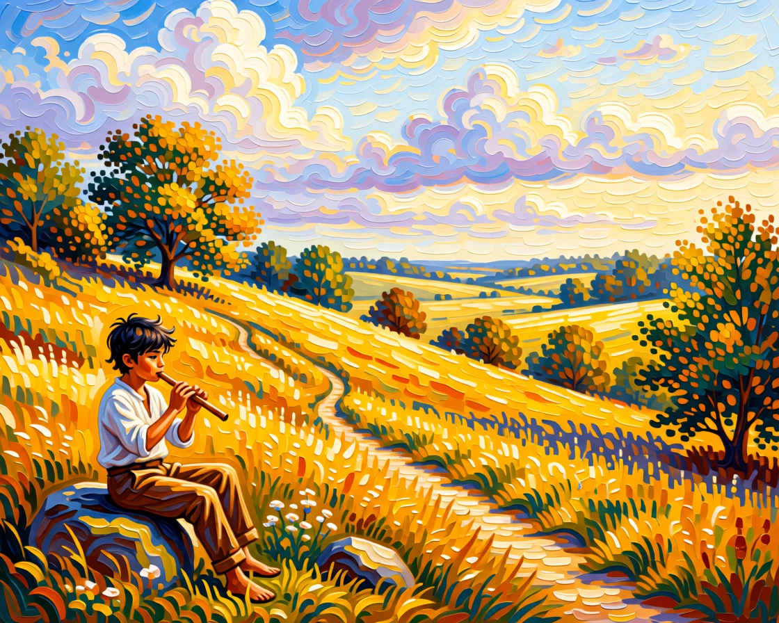 A young shepherd boy playing a wooden flute atop a hill overlooking a golden valley