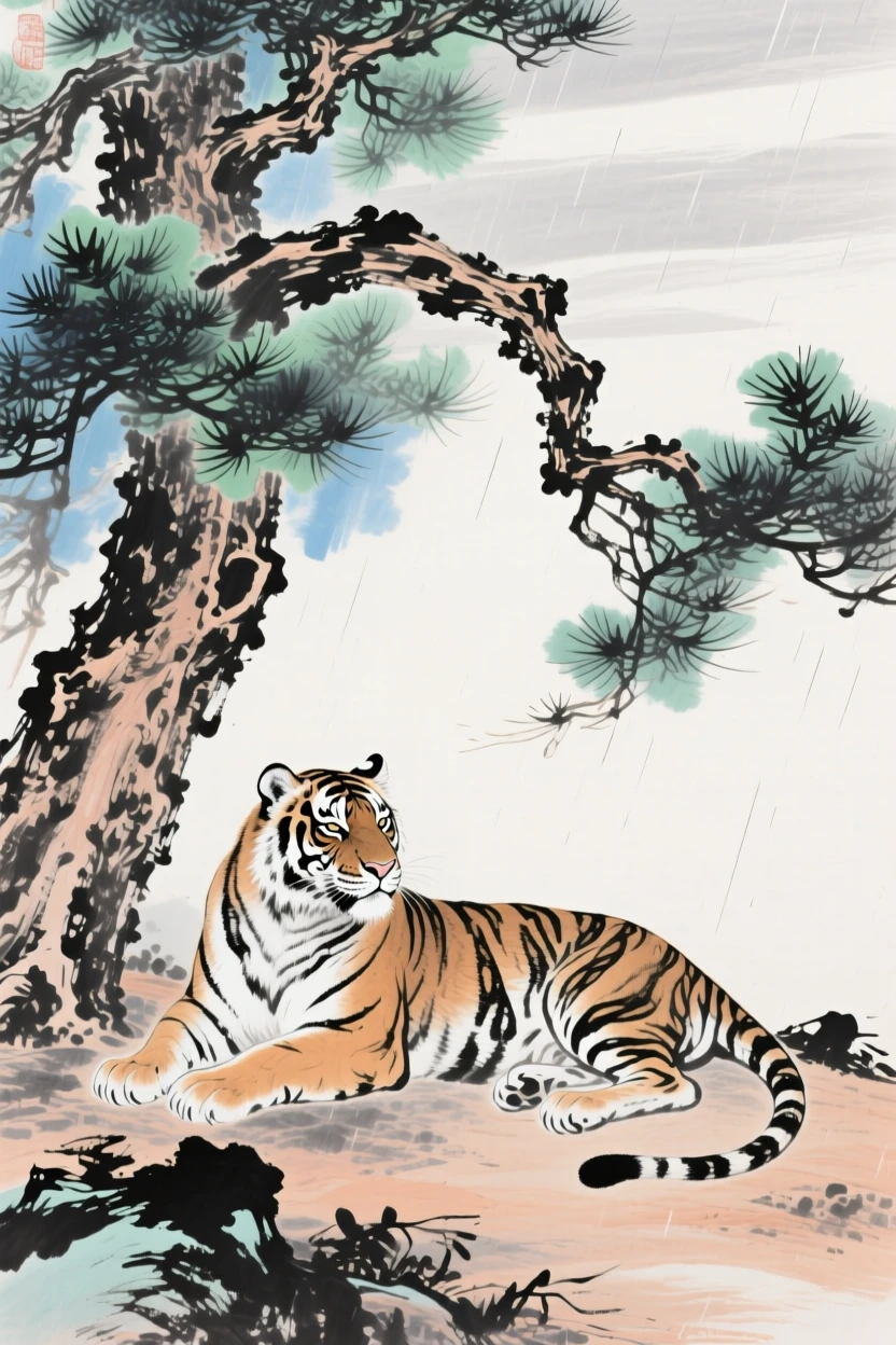 A tiger resting beneath the shade of ancient pines, beneath a sky washed clean by rain.