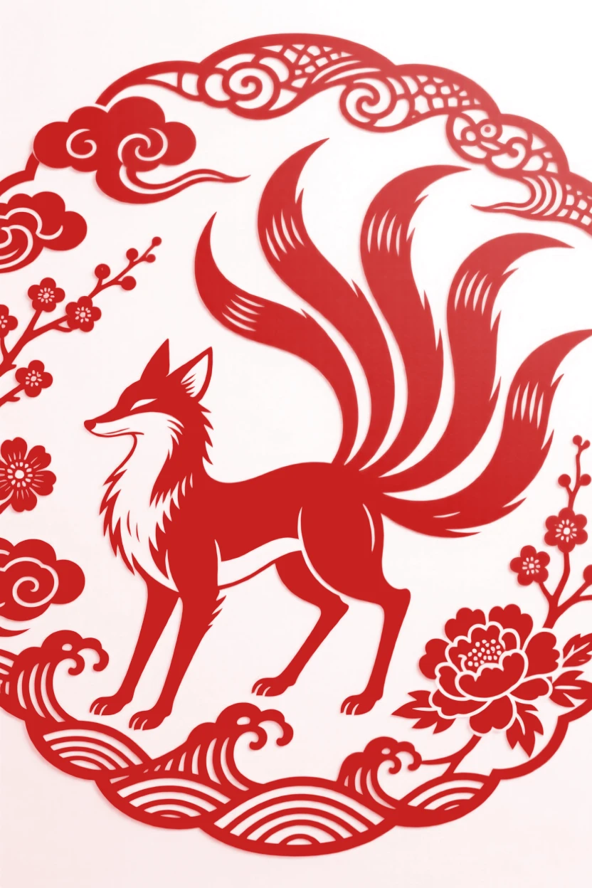A spirit fox with nine tails, drifting above an ocean of clouds, radiating an otherworldly calm.