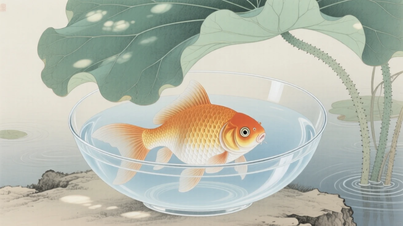 A goldfish in a round bowl resting in the shade of a lotus leaf