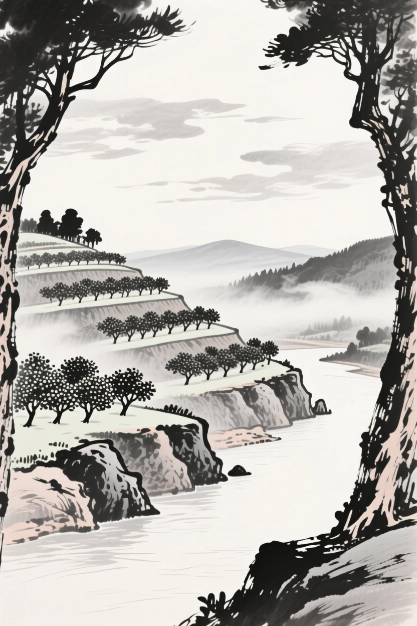 A stepped hillside orchard overlooking a quiet river bend under a wide open sky scattered with drifting clouds, framed through a gap in the trees, revealing the valley beyond, with delicate wisps of mist threading between the rock formations, carrying a feeling of timeless peace and stillness.