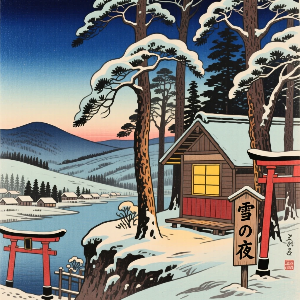 A warm glow spilling from a lone window in a snowy forest, above a quiet valley.