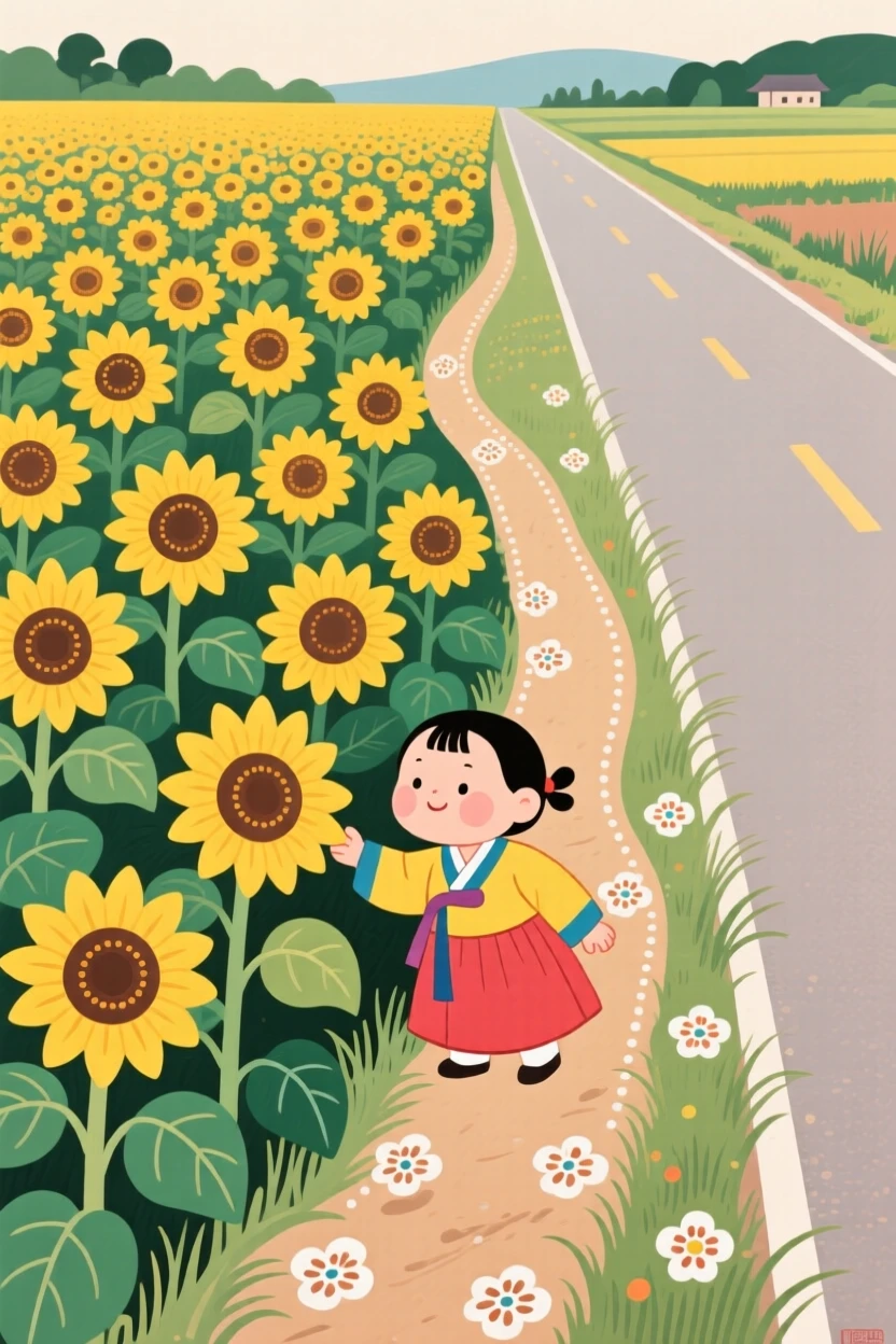 A child discovering a hidden path through a sunflower field along a quiet countryside road.