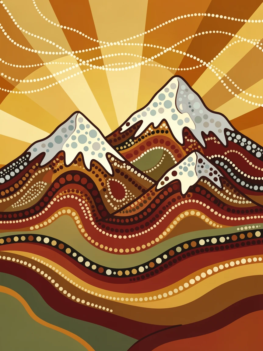 Snow-capped mountain peaks bathed in golden afternoon light