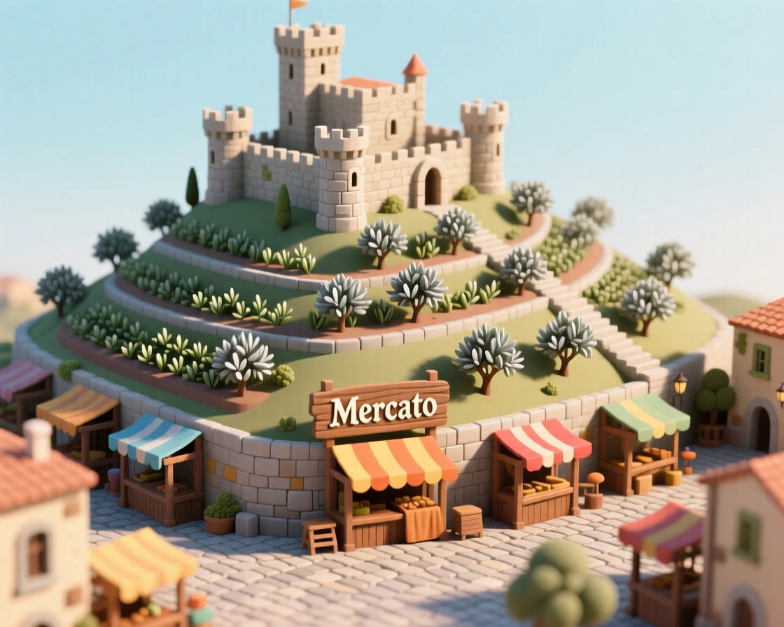 A medieval Sicilian hilltop town with a Norman castle, olive groves cascading down terraces, and a market in the piazza.