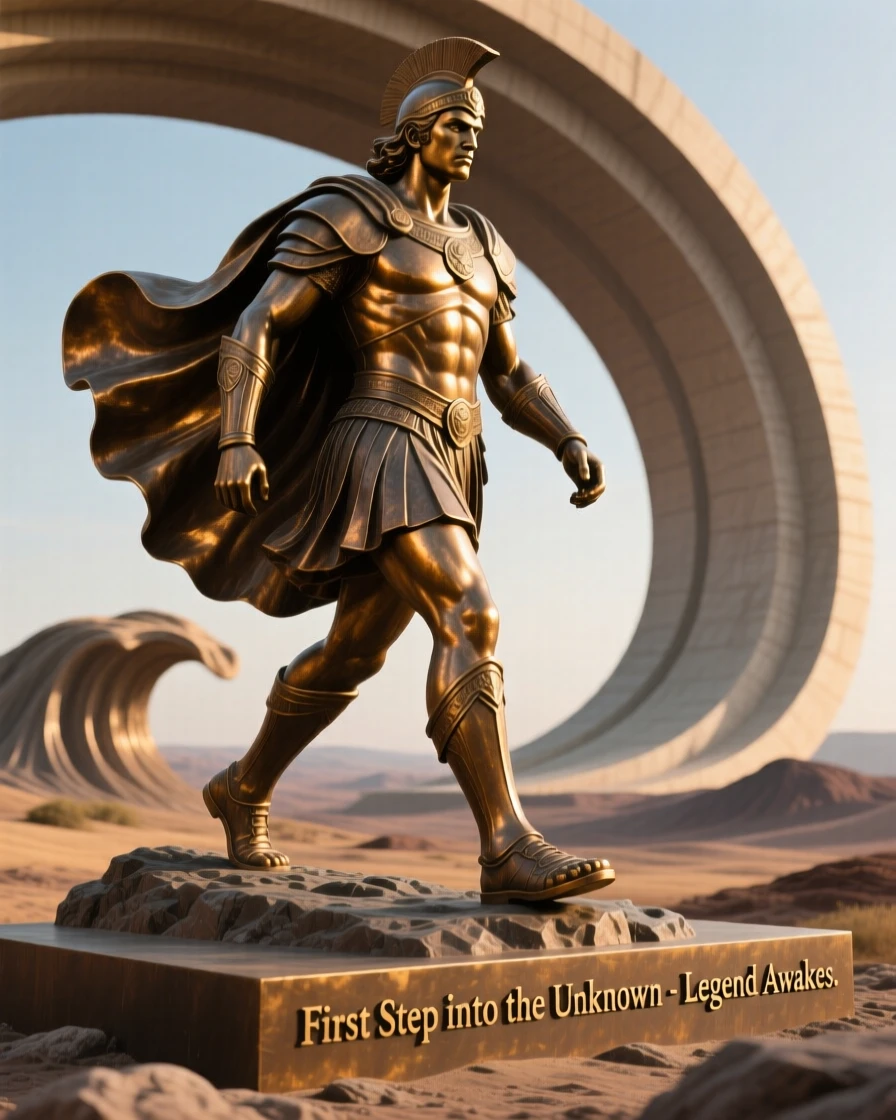 A legendary hero's first step into an unknown land, framed by sweeping, monumental scale, evoking legend and timeless drama