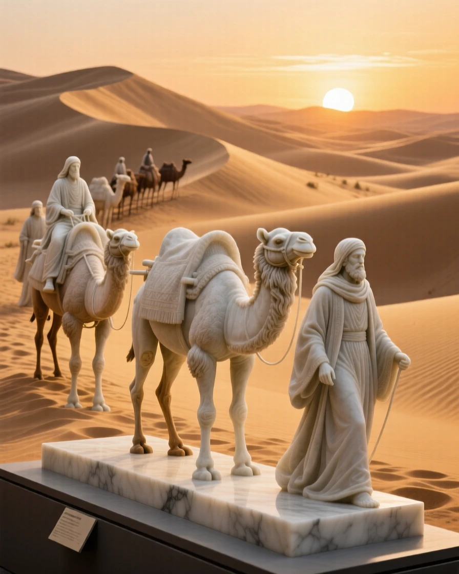 A vivid, emotionally rich scene of a caravan crossing golden desert dunes at sunset, in a moment of quiet stillness, designed to captivate and inspire
