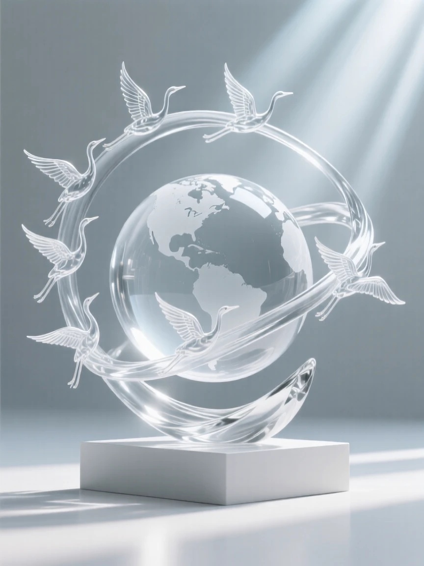 A globe encircled by a ribbon of migrating cranes, with soft rays of light stretching outward in every direction