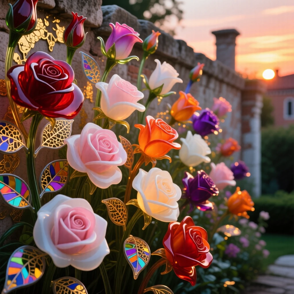 A field of blooming roses cascading over an ancient garden wall at the very last light of sunset, romantic and lush.