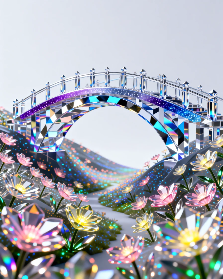 A surreal bridge of stardust spanning a valley filled with glowing wildflowers.