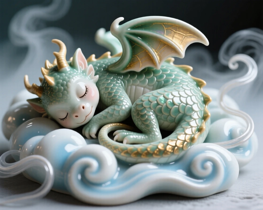 A sleeping baby dragon curled around its tail curled peacefully in a nest of clouds, wrapped in wisps of enchanted mist, capturing the enchantment of forgotten legend.