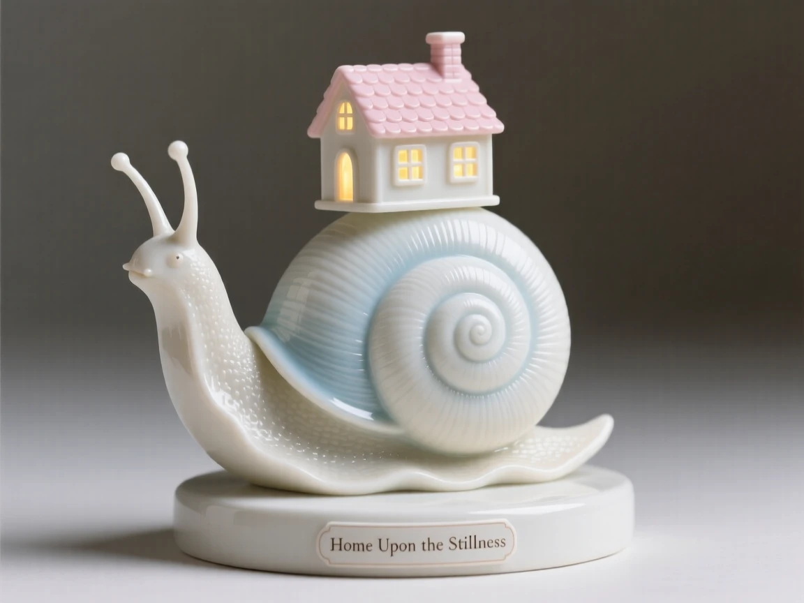 A dreamlike scene of a snail carrying a tiny glowing cottage on its shell, blending quiet realism with pure wonder.