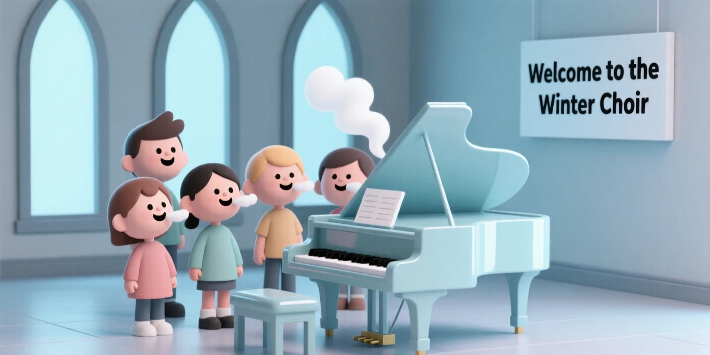 A cheerful choir of children sings around a piano, breath visible in a chilly but joyful church hall.