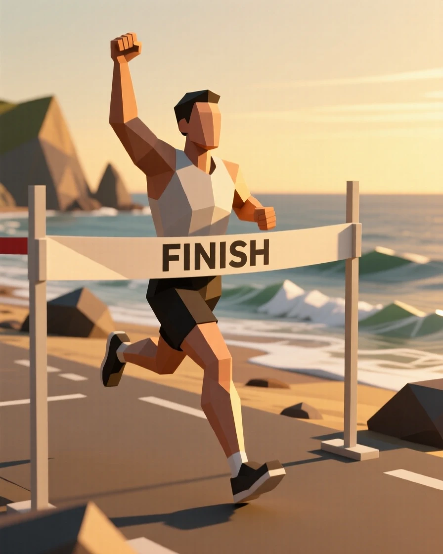 A runner crossing a finish line in triumph, at golden hour by the coastline. fine details highlight skill and craftsmanship. The moment radiates confidence and joy.