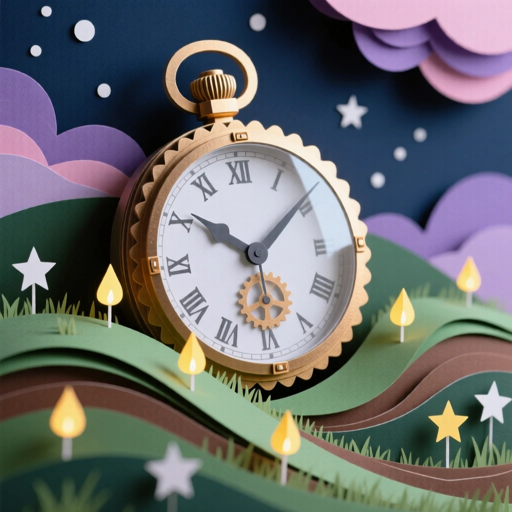 A gigantic pocket watch embedded in a hillside glowing softly beneath a twilight sky, with tiny lights glowing from within, capturing whimsical, surreal beauty.
