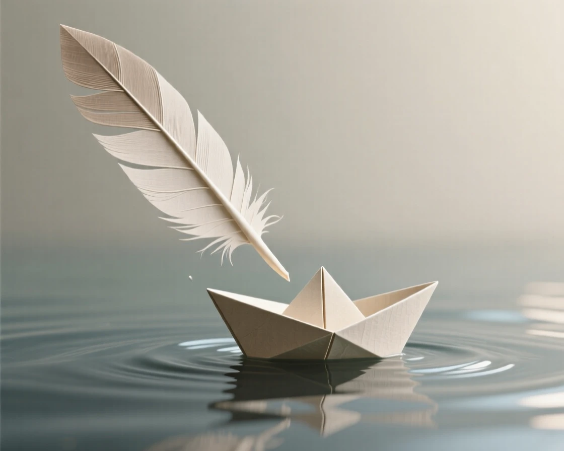 A single feather drifting down and transforming into a small paper boat upon landing in water.