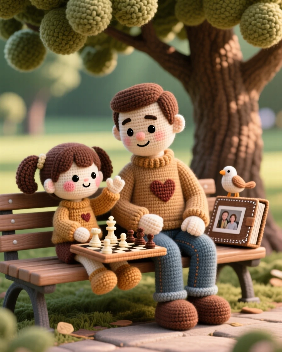 a father teaching his daughter chess, both leaning over the board thoughtfully, celebrating her first clever move, in a peaceful park bench beneath a shady tree, with a worn but beloved family photo album, radiating heartfelt closeness and shared happiness.