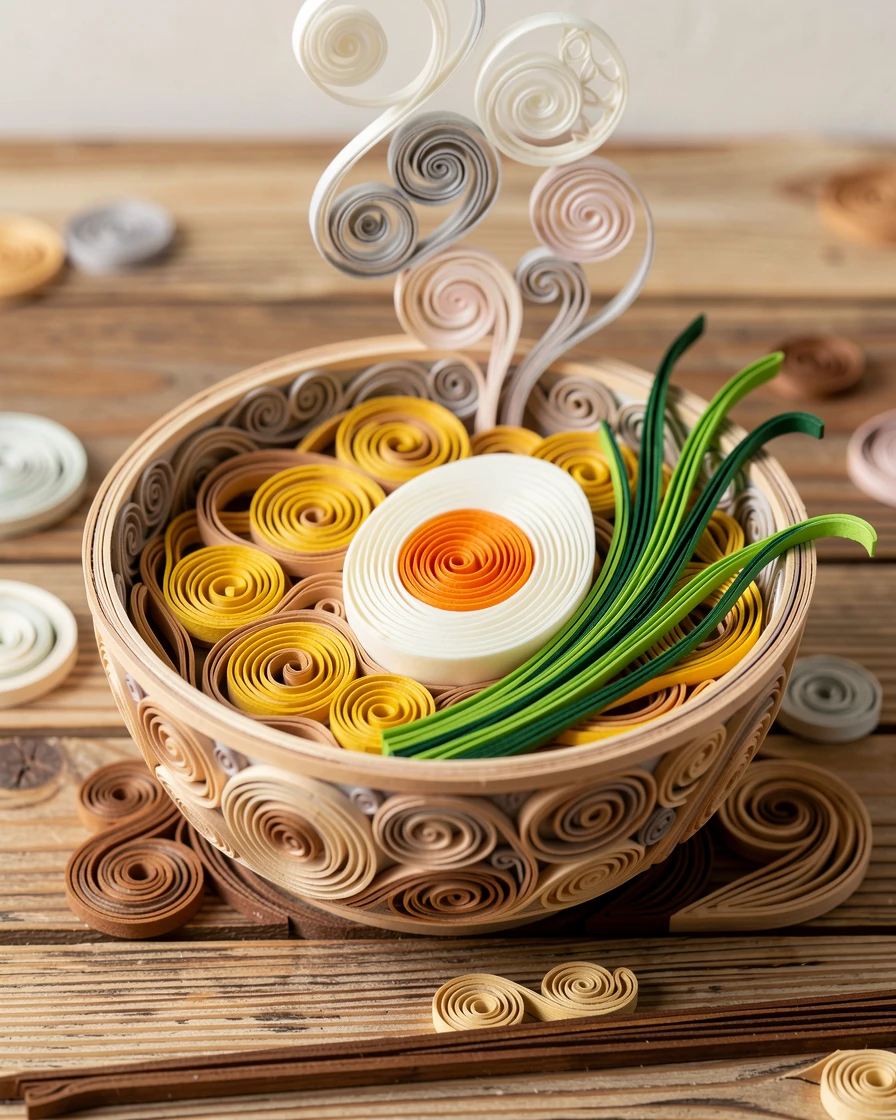 A cozy still life of a bowl of ramen with soft-boiled egg and scallions on a rustic wooden farmhouse table, with soft steam rising gently into the air, framed with a shallow depth of field on the main subject.