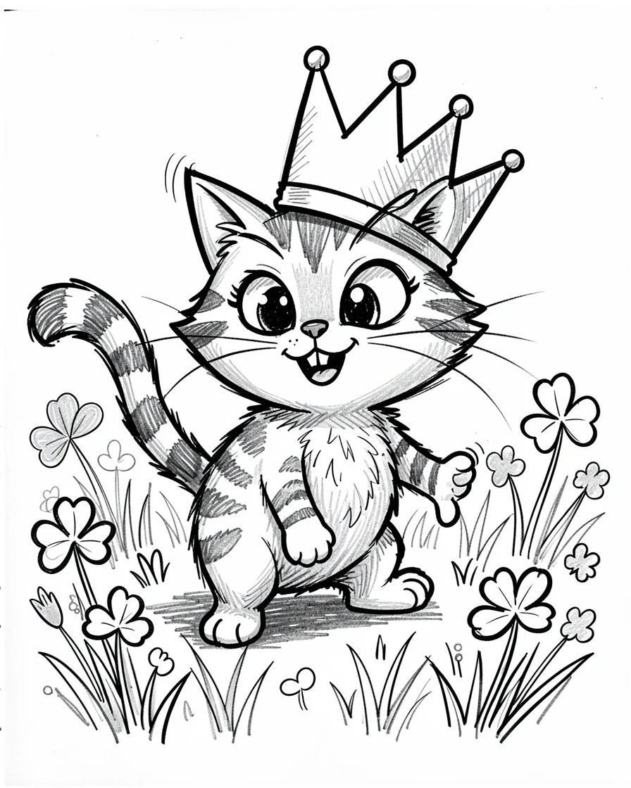 A cat pretending to be a king wearing a paper crown in a meadow full of clover.