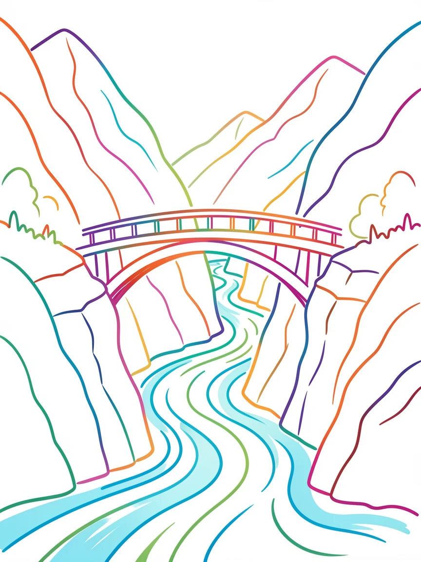 A quiet mountain bridge crossing a rushing river gorge.