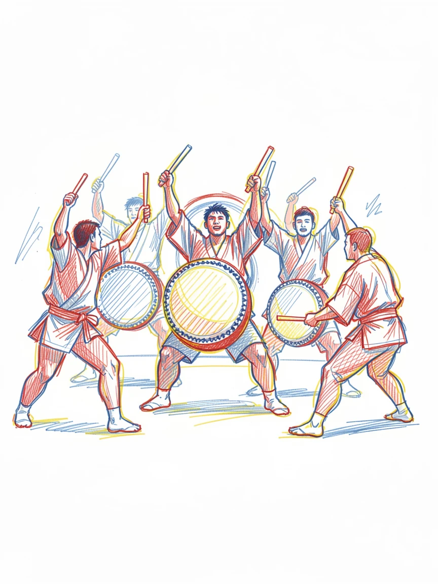 A traditional taiko drumming performance with dramatic synchronized motion
