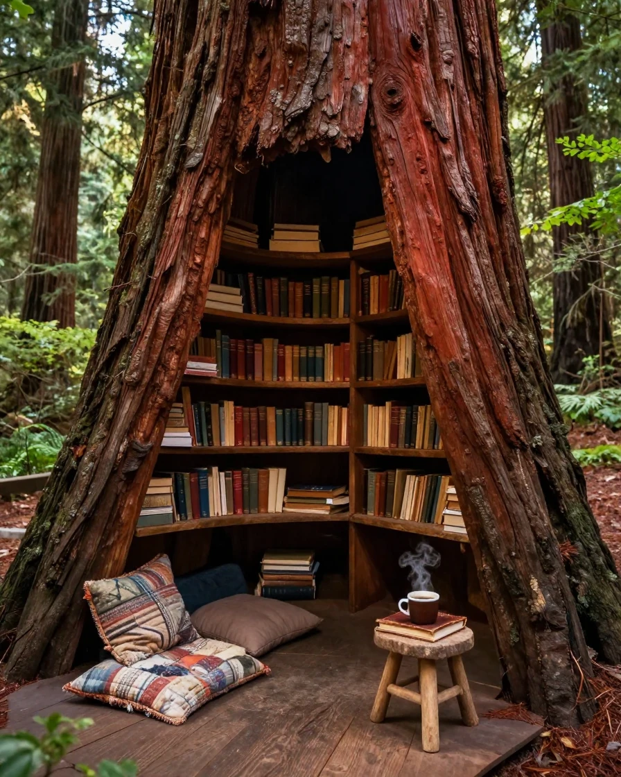 A hidden library is built inside the hollow trunk of an ancient redwood tree.