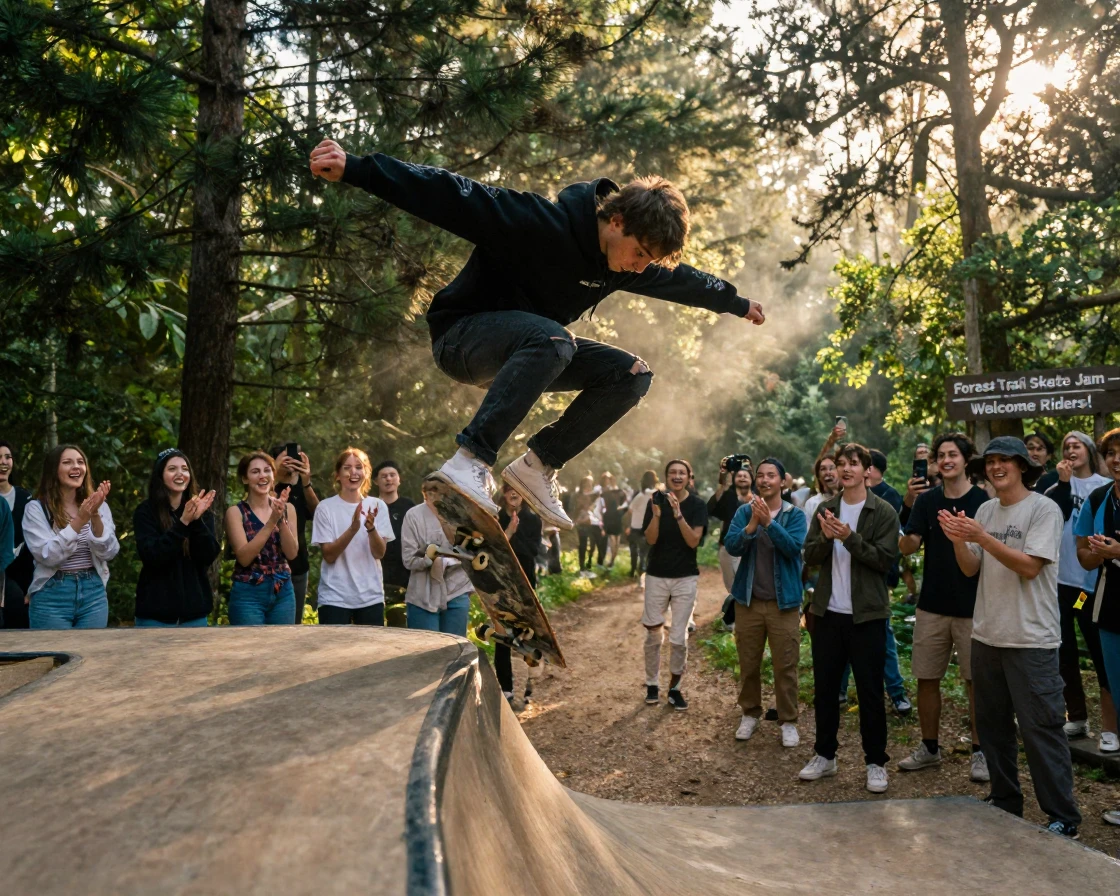 A skateboarder performing for an enthusiastic crowd along a forest trail