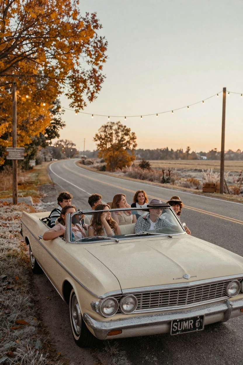 A group of teenagers piled into an old convertible on a summer road trip, under strings of warm string lights, with frost coating every surface, in the mild days of early autumn, in warm honey and cream tones, from a wide establishing view.