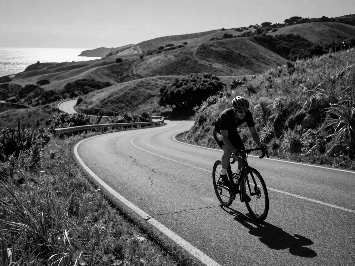 A cyclist races along a winding coastal road through rolling countryside.