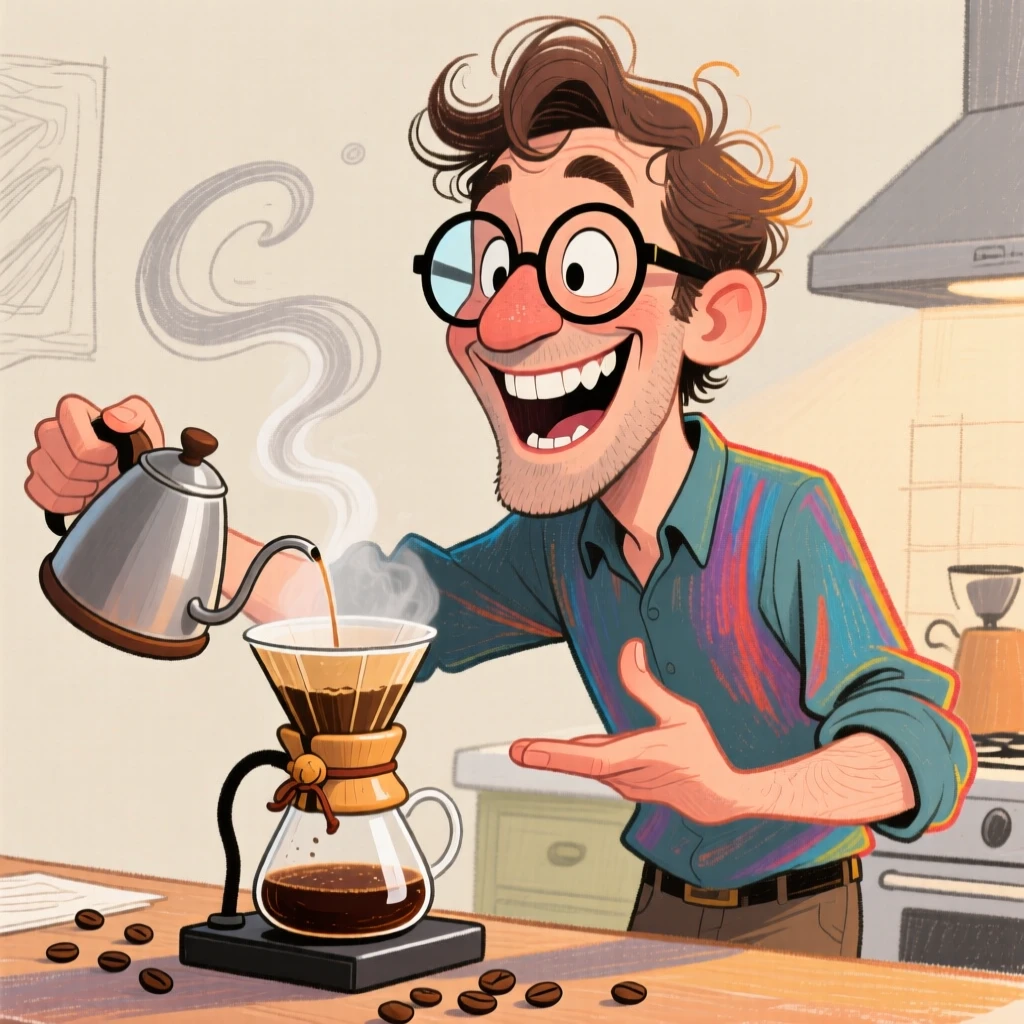 A man doing a home coffee brewing tutorial, pour-over setup steaming gently.