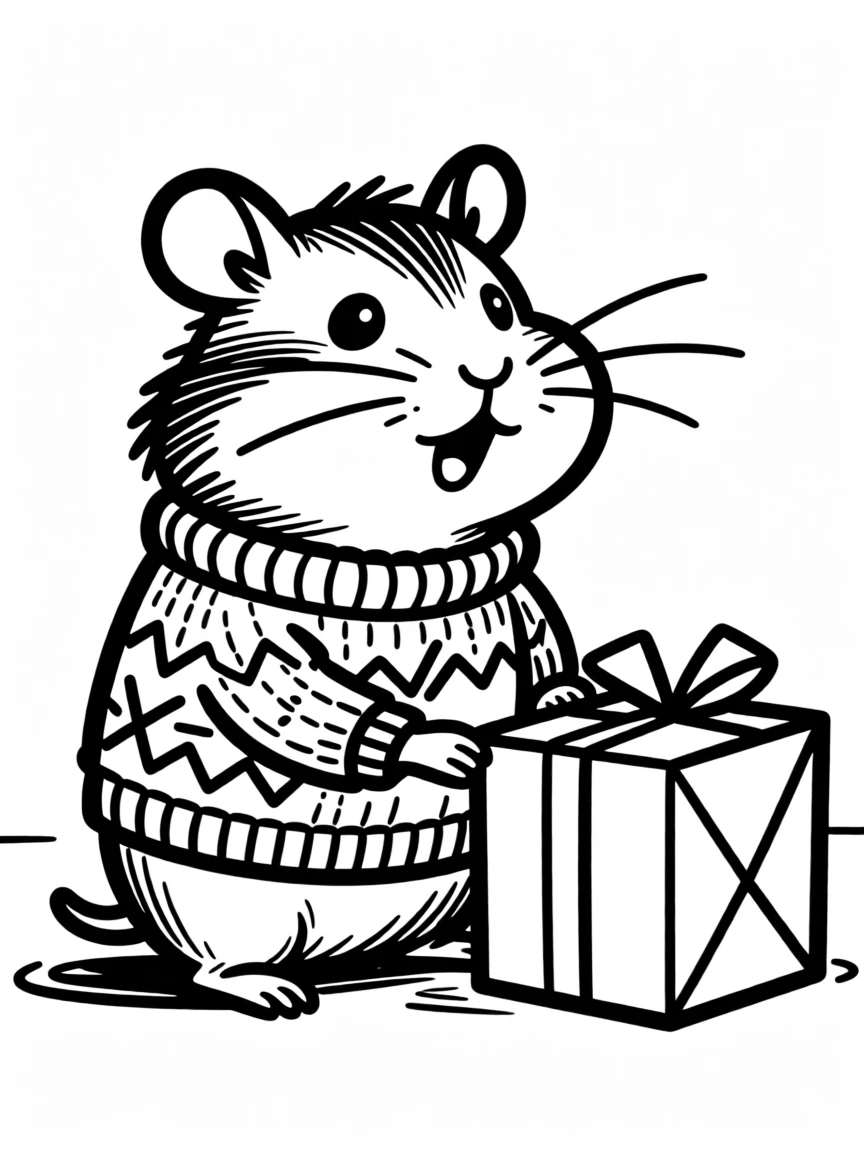 A hamster wearing a knitted holiday sweater, sitting beside a wrapped present twice its size.