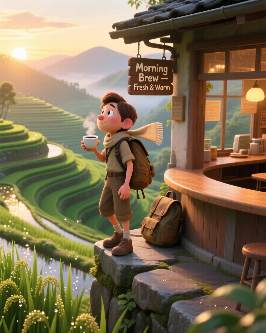 A traveler sipping coffee at a small cafe stands overlooking a terraced rice field at sunrise, resting on a stone ledge to admire the scenery. The mood is adventurous, peaceful, and awe-inspiring, with warm golden light washing over everything.