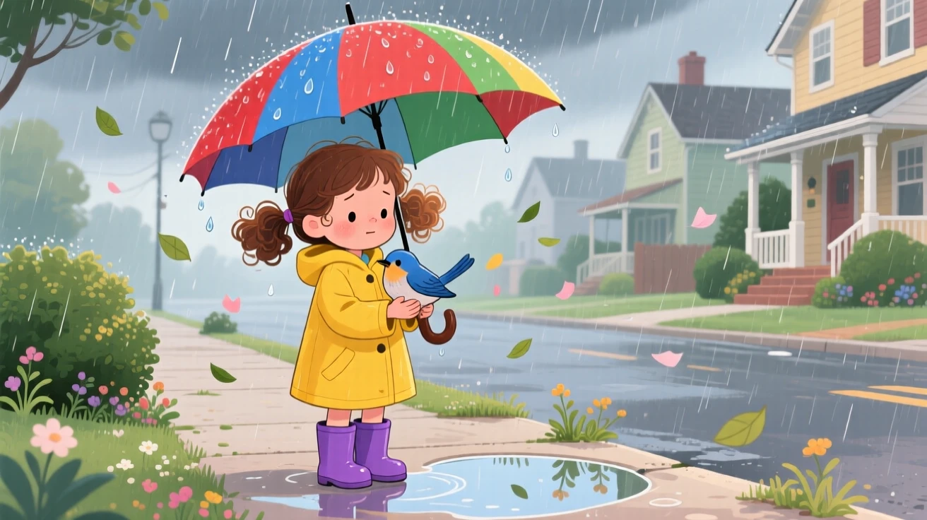 A girl and an injured bird share a tender moment sharing an umbrella during a sudden rainstorm in a quiet neighborhood sidewalk, while a soft breeze carries away any worry.